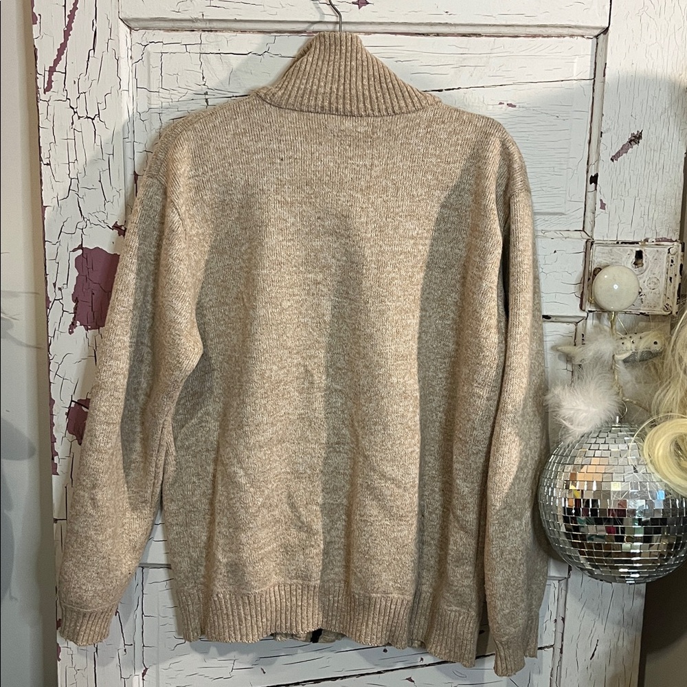 Yeokou Beige Zip Front Sweater Fuzzy Lined Side Hip Pockets Large Cashmere Blend - Picture 4 of 6